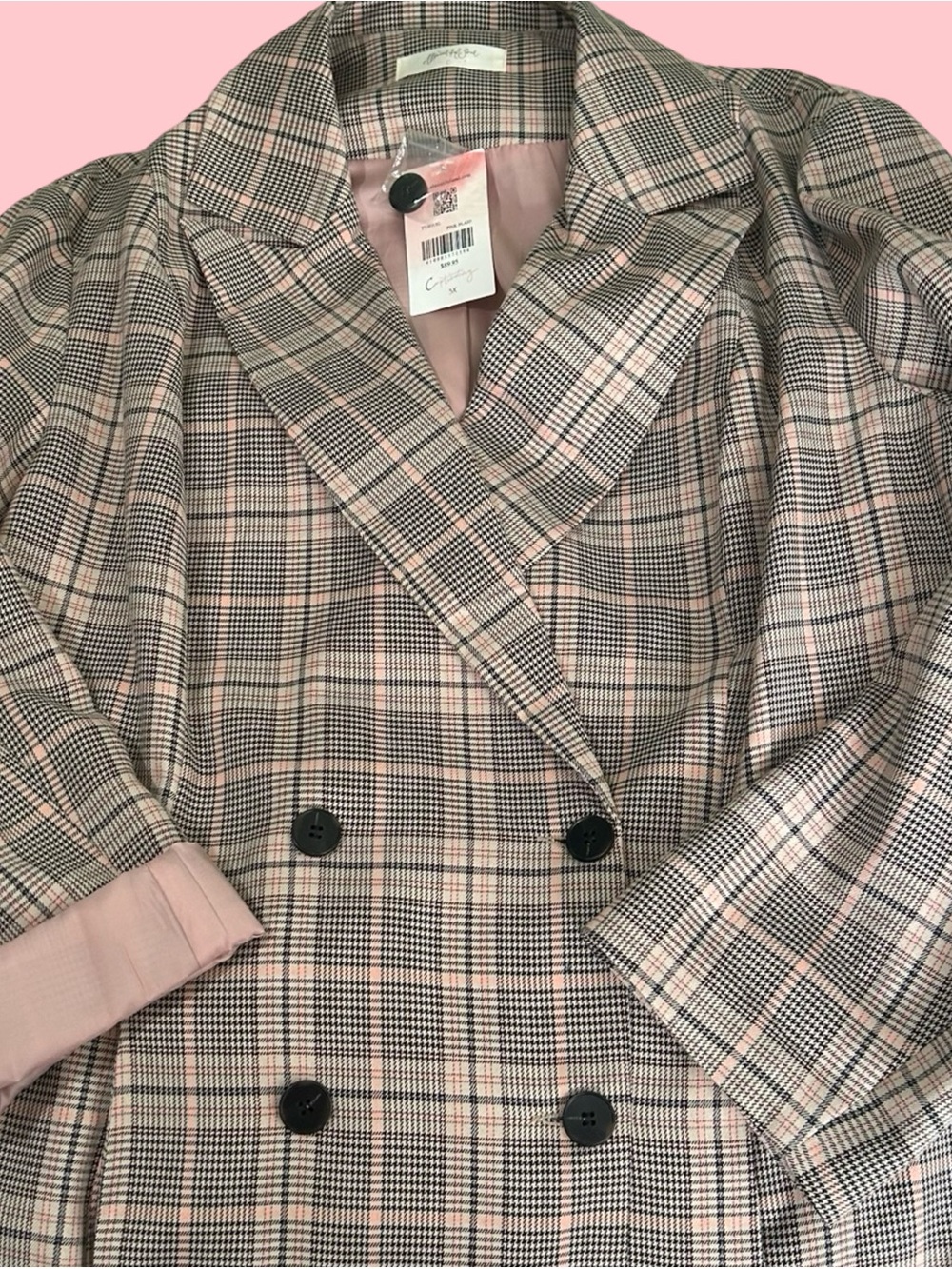 Plaid Double-Breasted Blazer Jacket in Pink and Gray.Boss Lady Blazer! Size 3X. - Picture 2 of 16